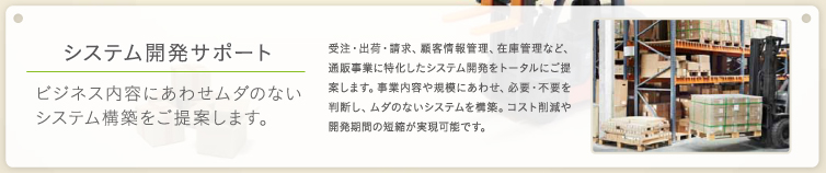 システム開発サポート ビジネス無いようにあわせムダのないシステム構築をご提案します。受注・出荷・請求、顧客情報管理、在庫管理など、通販事業に特化したシステム開発をトータルにご提案します。事業内容や規模にあわせ、必要・不要を判断し、ムダのないシステムを構築。コスト削減や開発期間の短縮が実現可能です。
